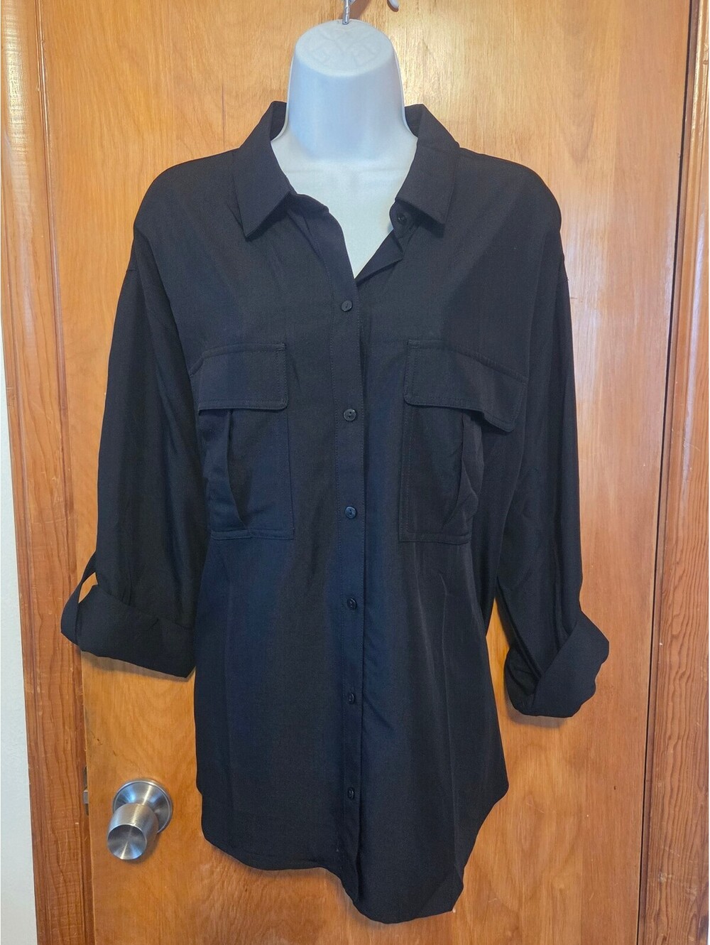 Old Navy Black Roll Tab Sleeve Button Front Utility Blouse Size XL NWT